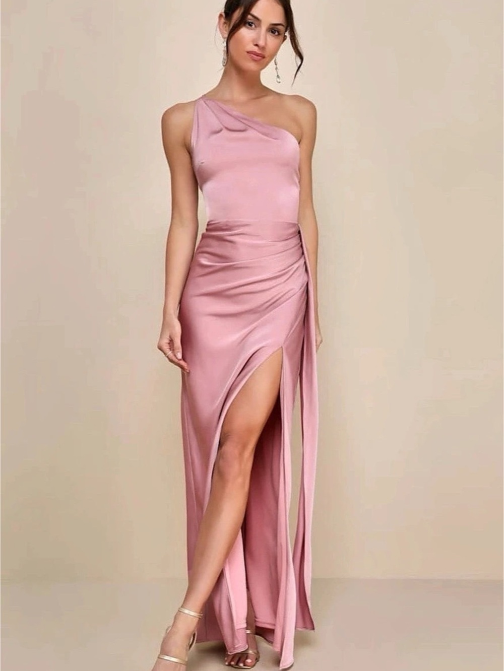 Lulus Signature Elegance Satin One-Shoulder Maxi Dress Pink M,S,XS sizes